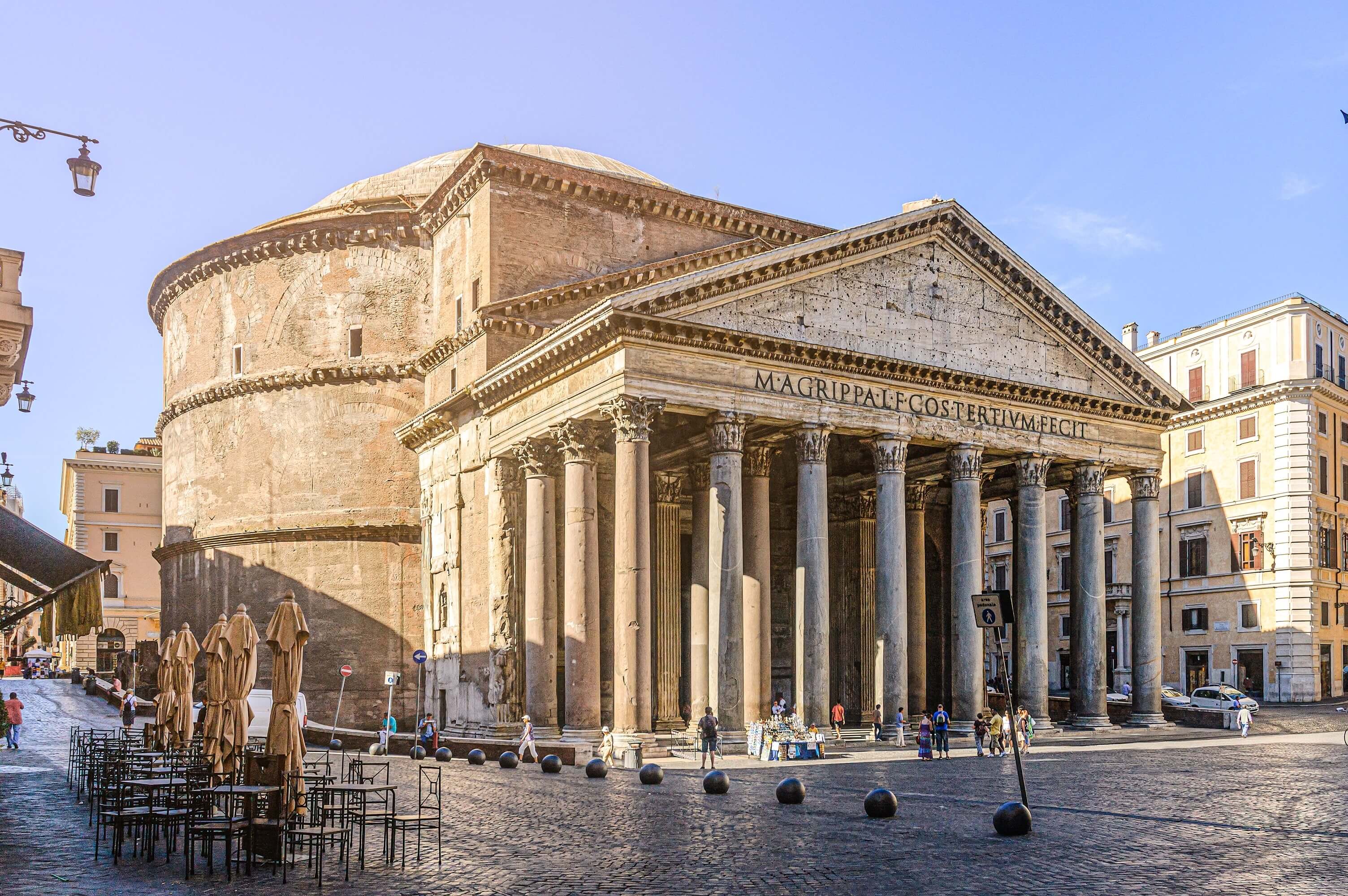 front view on a sunny day of the Pantheon in Rome, Italy